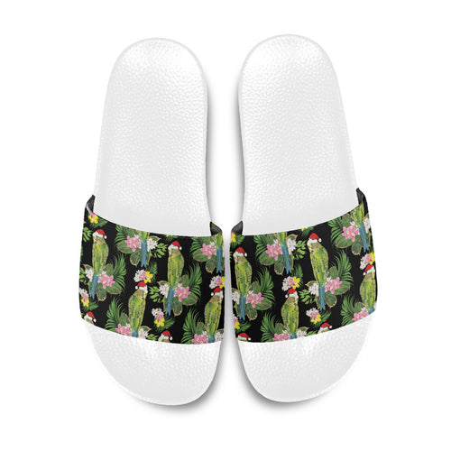 Aussie Santa Budgie Christmas Slide Sandals Black Parakeet Tropical Floral