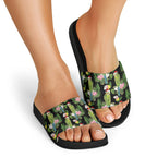 Aussie Santa Budgie Christmas Slide Sandals Black Parakeet Tropical Floral