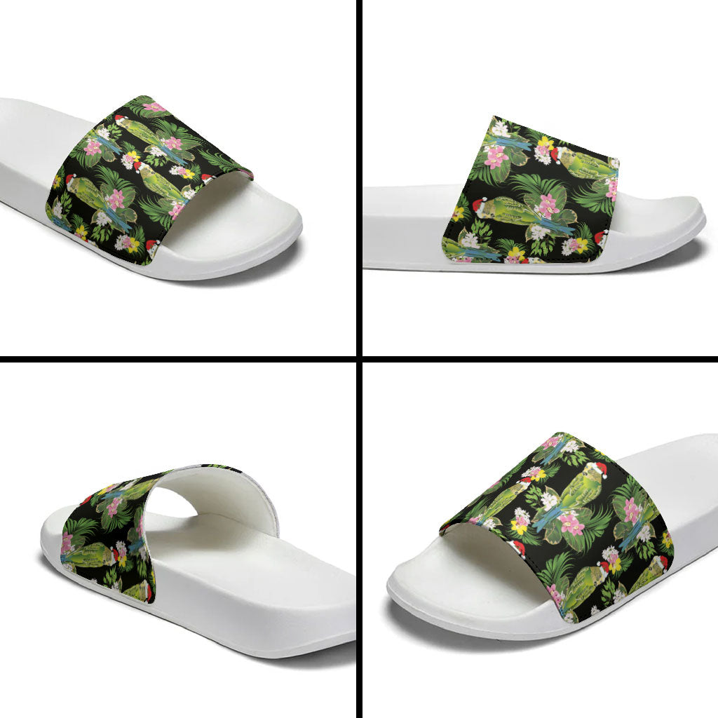Aussie Santa Budgie Christmas Slide Sandals Black Parakeet Tropical Floral