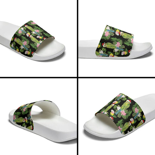 Aussie Santa Budgie Christmas Slide Sandals Black Parakeet Tropical Floral