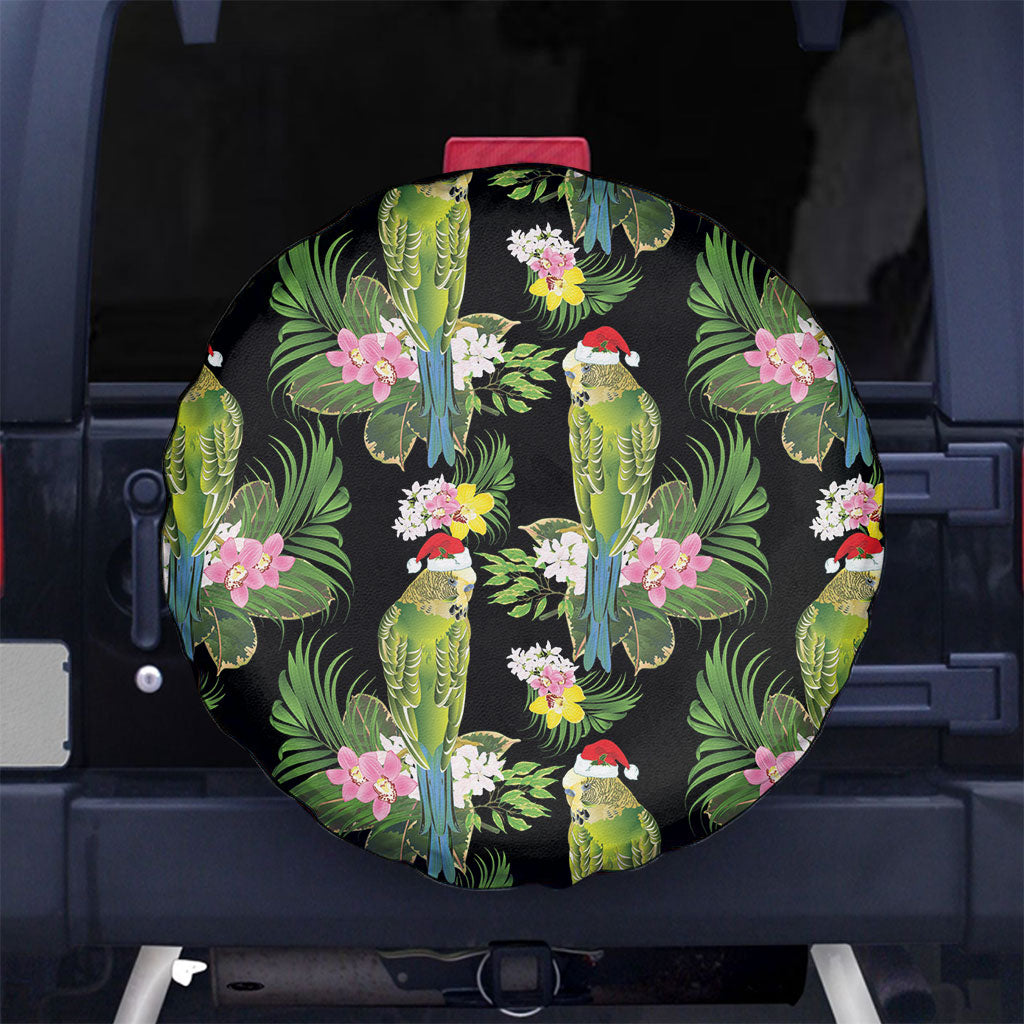 Aussie Santa Budgie Christmas Spare Tire Cover Black Parakeet Tropical Floral