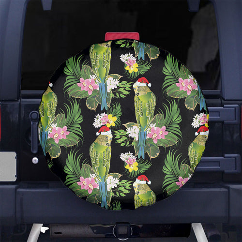Aussie Santa Budgie Christmas Spare Tire Cover Black Parakeet Tropical Floral