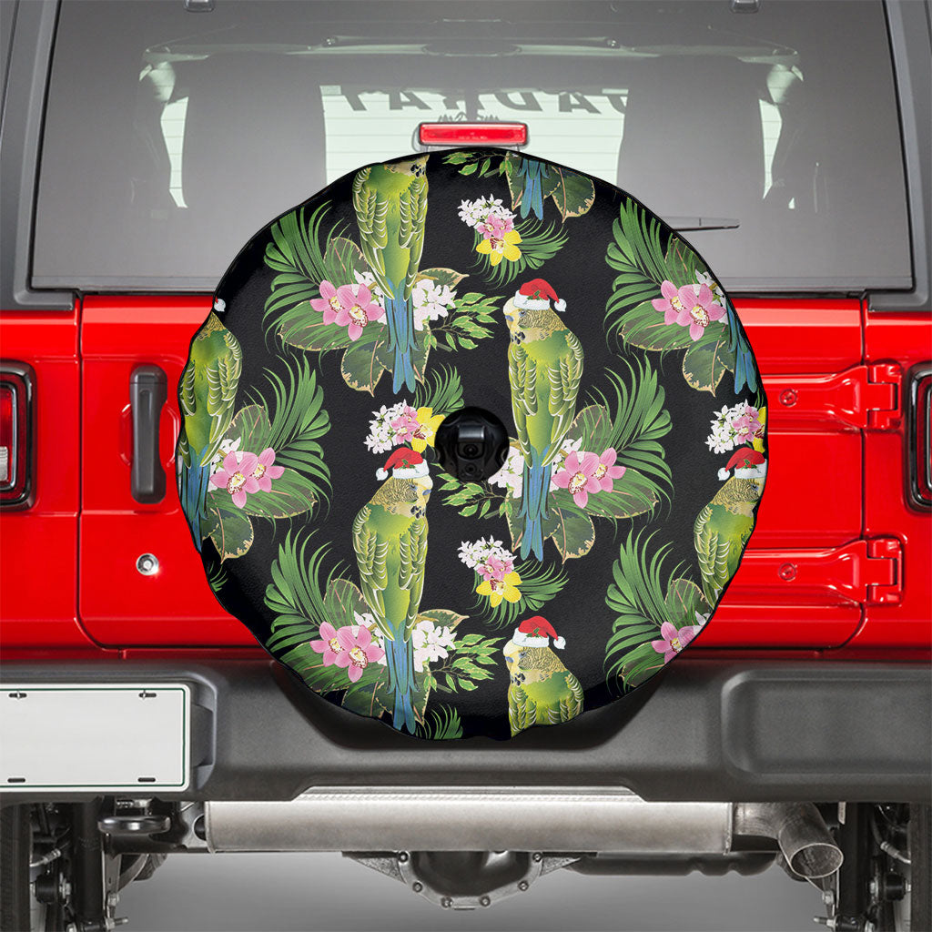 Aussie Santa Budgie Christmas Spare Tire Cover Black Parakeet Tropical Floral