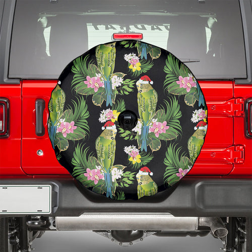 Aussie Santa Budgie Christmas Spare Tire Cover Black Parakeet Tropical Floral