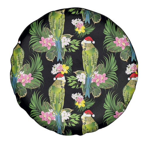 Aussie Santa Budgie Christmas Spare Tire Cover Black Parakeet Tropical Floral