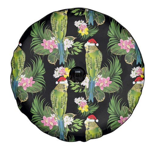 Aussie Santa Budgie Christmas Spare Tire Cover Black Parakeet Tropical Floral