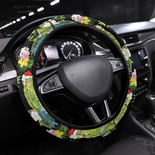 Aussie Santa Budgie Christmas Steering Wheel Cover Black Parakeet Tropical Floral
