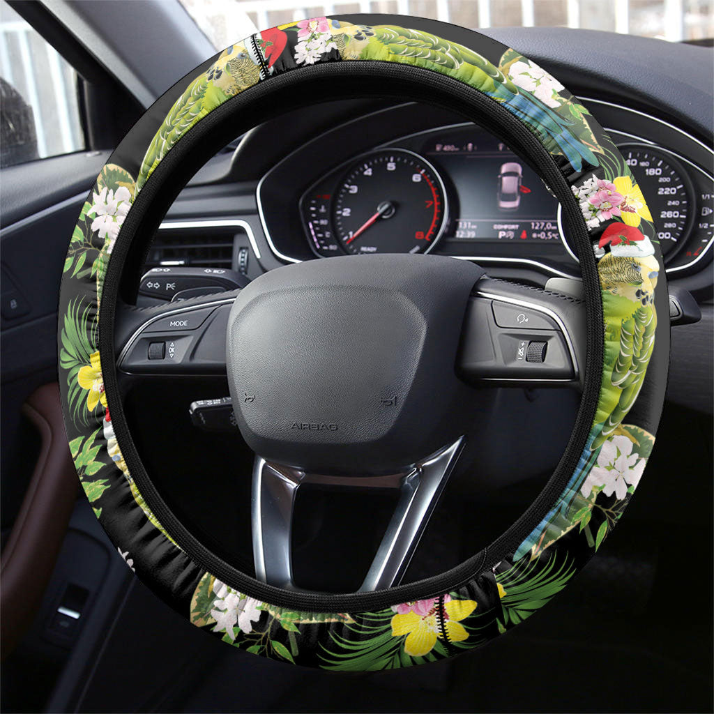 Aussie Santa Budgie Christmas Steering Wheel Cover Black Parakeet Tropical Floral