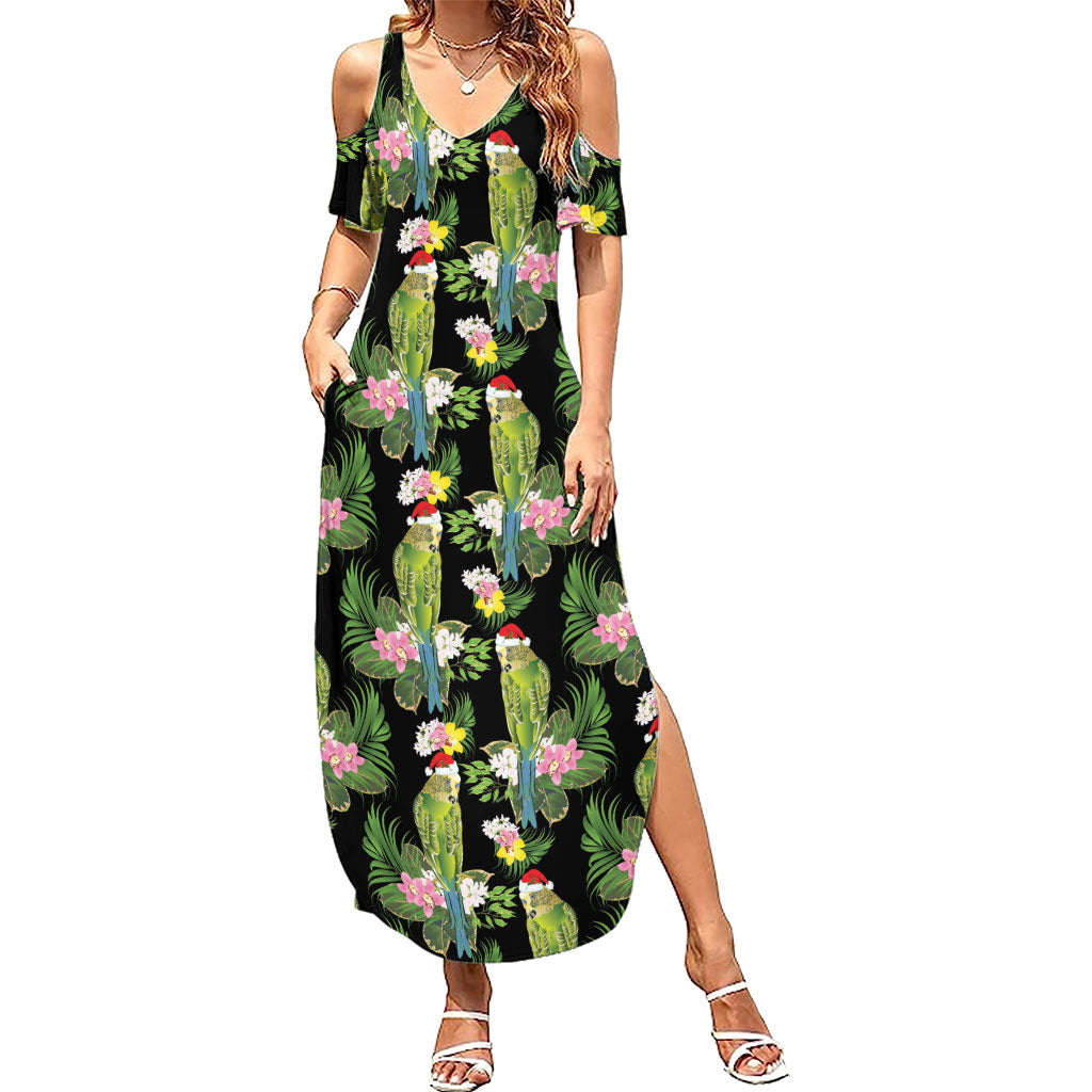Aussie Santa Budgie Christmas Summer Maxi Dress Black Parakeet Tropical Floral