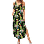 Aussie Santa Budgie Christmas Summer Maxi Dress Black Parakeet Tropical Floral