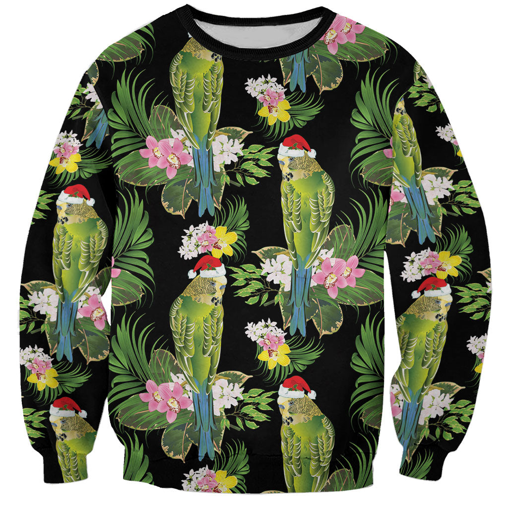 Aussie Santa Budgie Christmas Sweatshirt Black Parakeet Tropical Floral