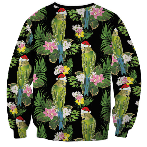 Aussie Santa Budgie Christmas Sweatshirt Black Parakeet Tropical Floral