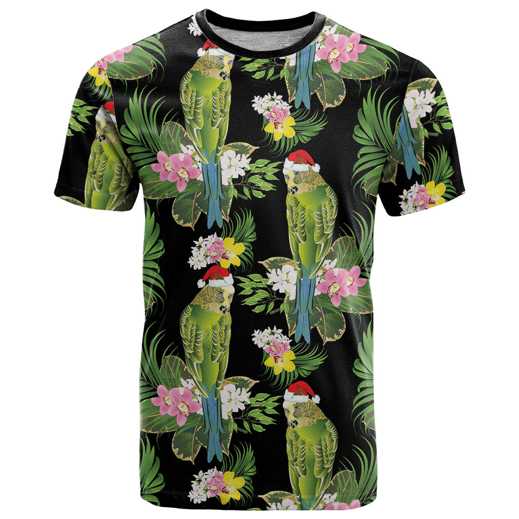 Aussie Santa Budgie Christmas T Shirt Black Parakeet Tropical Floral