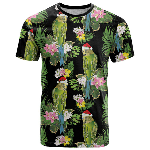 Aussie Santa Budgie Christmas T Shirt Black Parakeet Tropical Floral