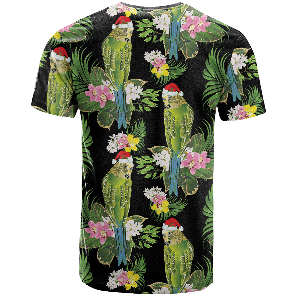 Aussie Santa Budgie Christmas T Shirt Black Parakeet Tropical Floral