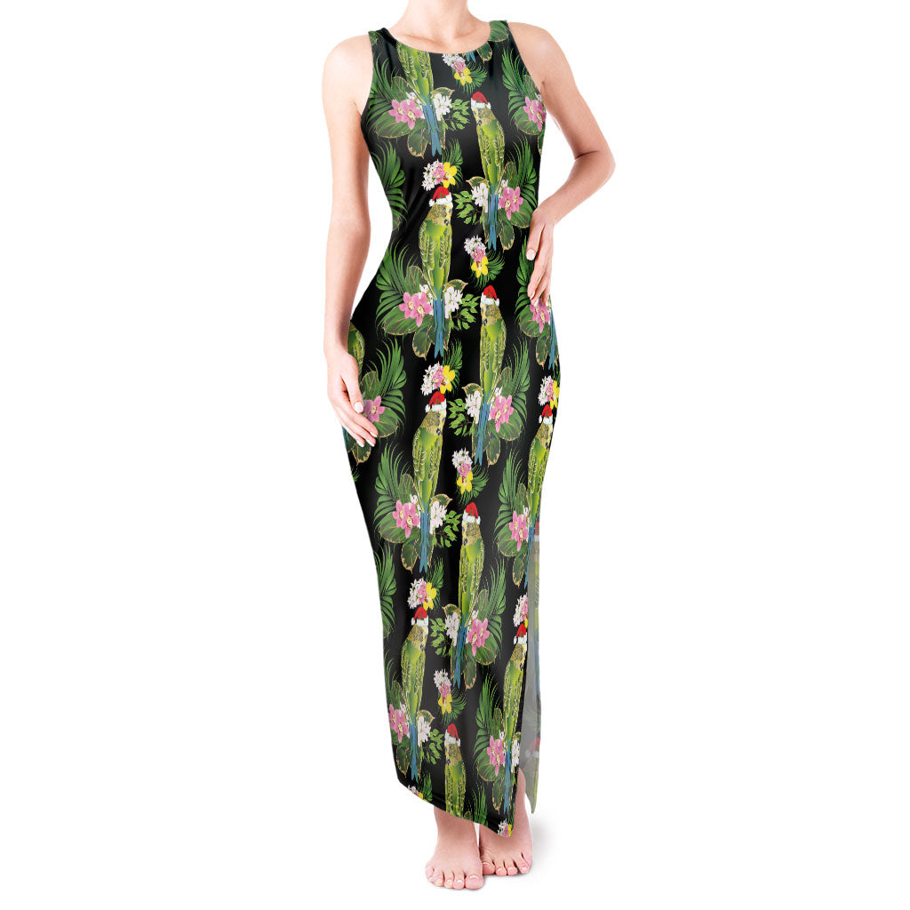 Aussie Santa Budgie Christmas Tank Maxi Dress Black Parakeet Tropical Floral