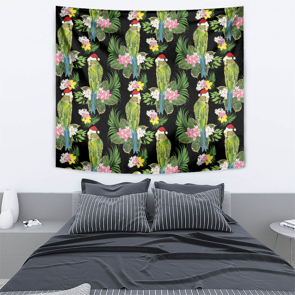 Aussie Santa Budgie Christmas Tapestry Black Parakeet Tropical Floral