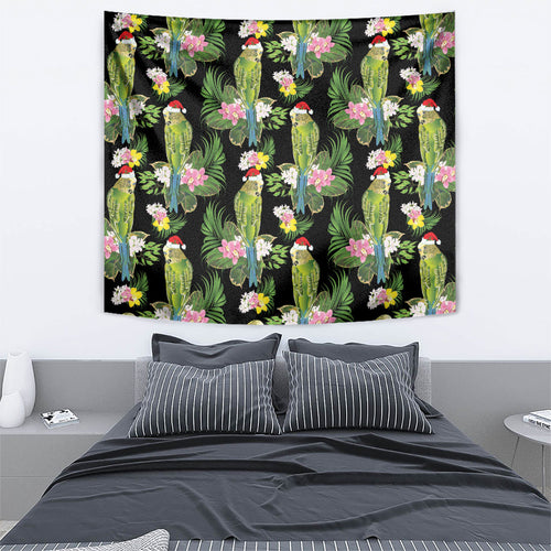 Aussie Santa Budgie Christmas Tapestry Black Parakeet Tropical Floral