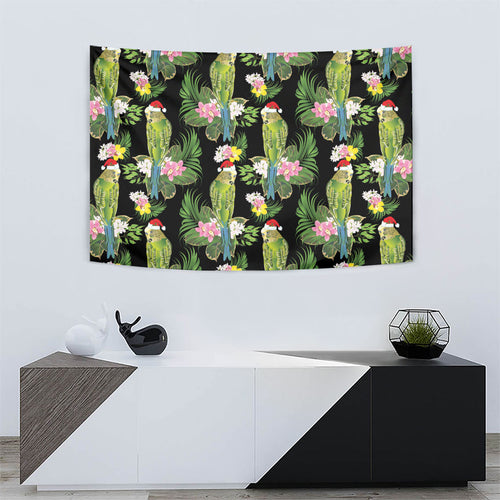 Aussie Santa Budgie Christmas Tapestry Black Parakeet Tropical Floral