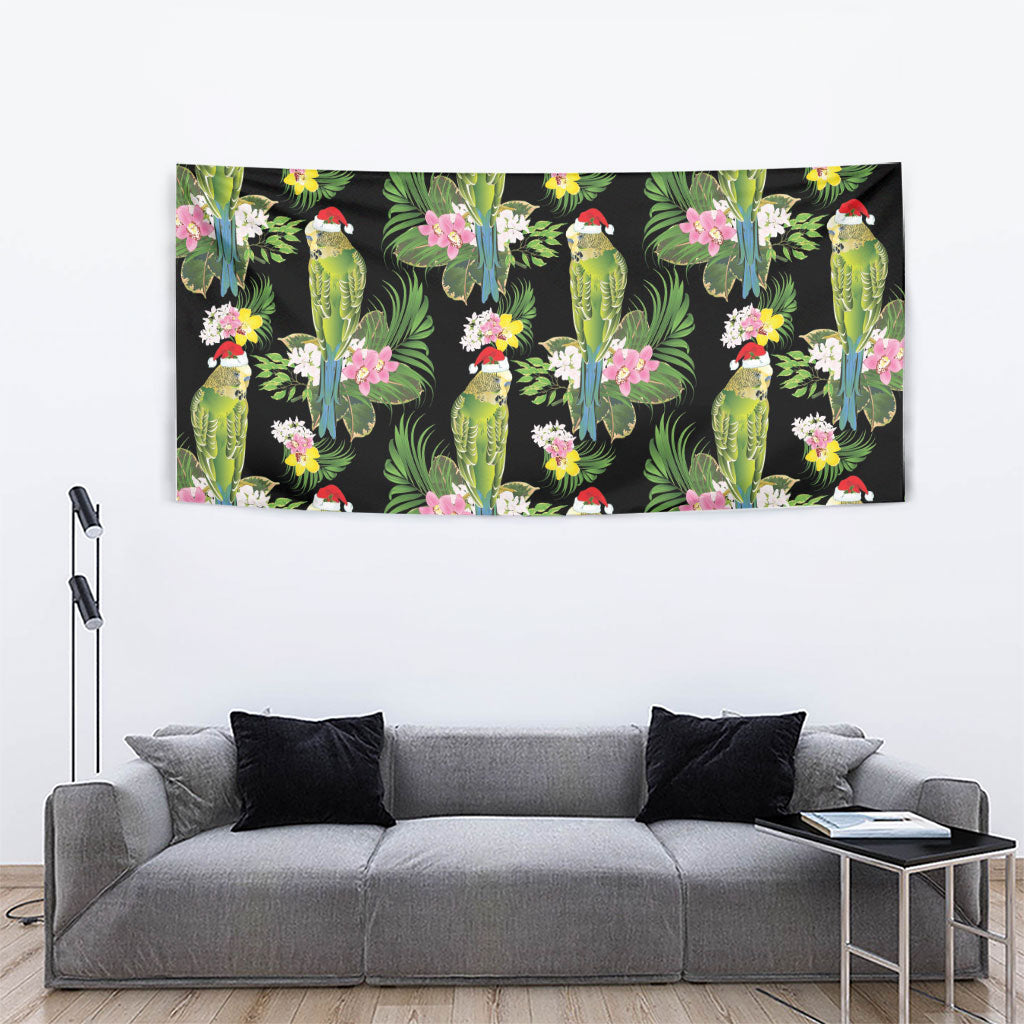 Aussie Santa Budgie Christmas Tapestry Black Parakeet Tropical Floral