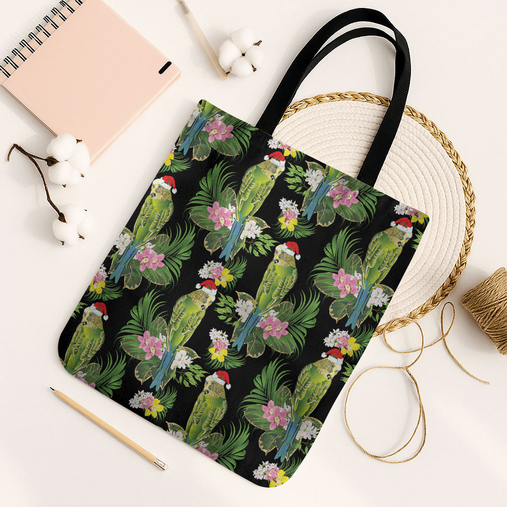Aussie Santa Budgie Christmas Tote Bag Black Parakeet Tropical Floral