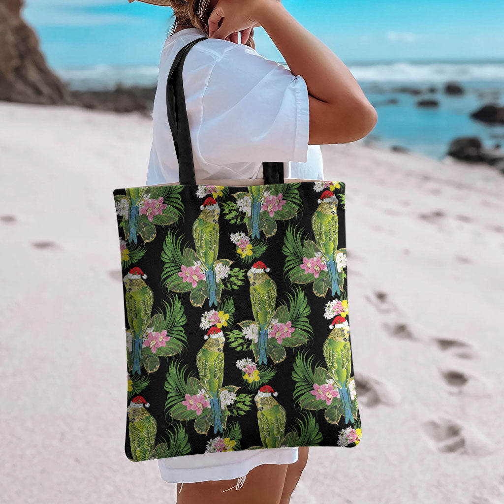 Aussie Santa Budgie Christmas Tote Bag Black Parakeet Tropical Floral