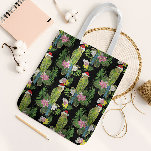 Aussie Santa Budgie Christmas Tote Bag Black Parakeet Tropical Floral