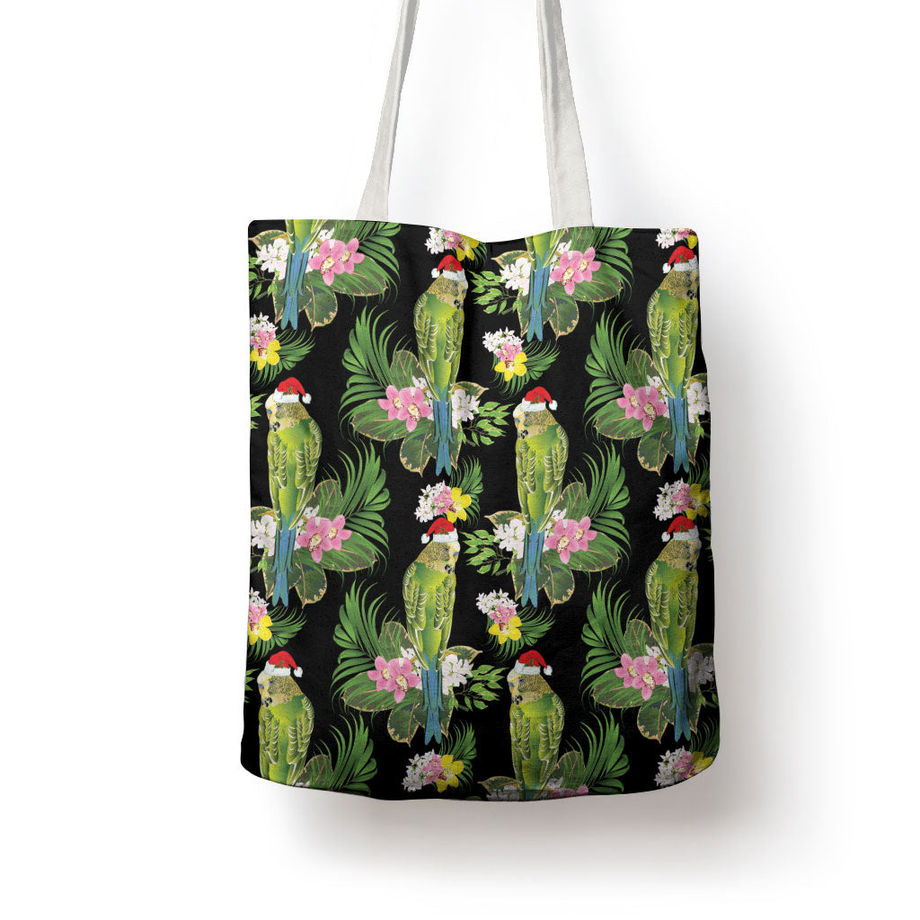 Aussie Santa Budgie Christmas Tote Bag Black Parakeet Tropical Floral