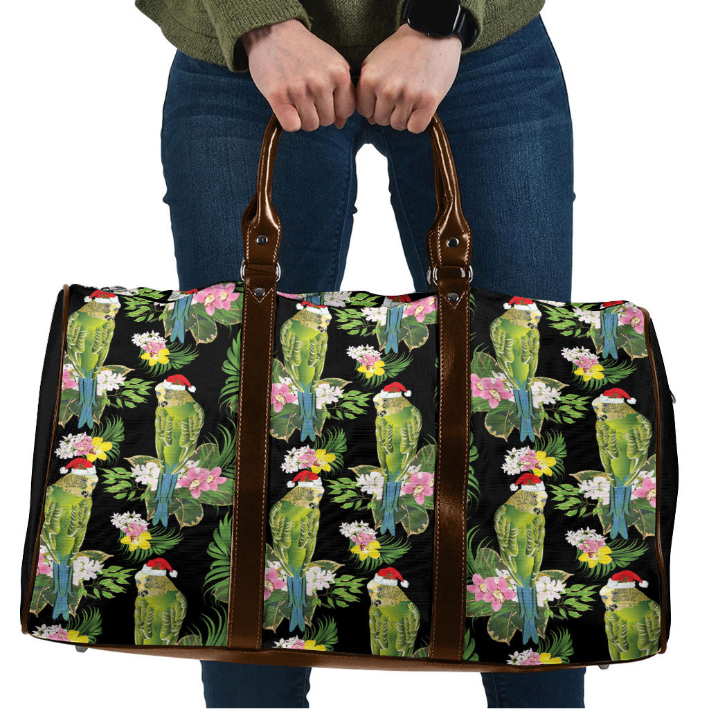 Aussie Santa Budgie Christmas Travel Bag Black Parakeet Tropical Floral