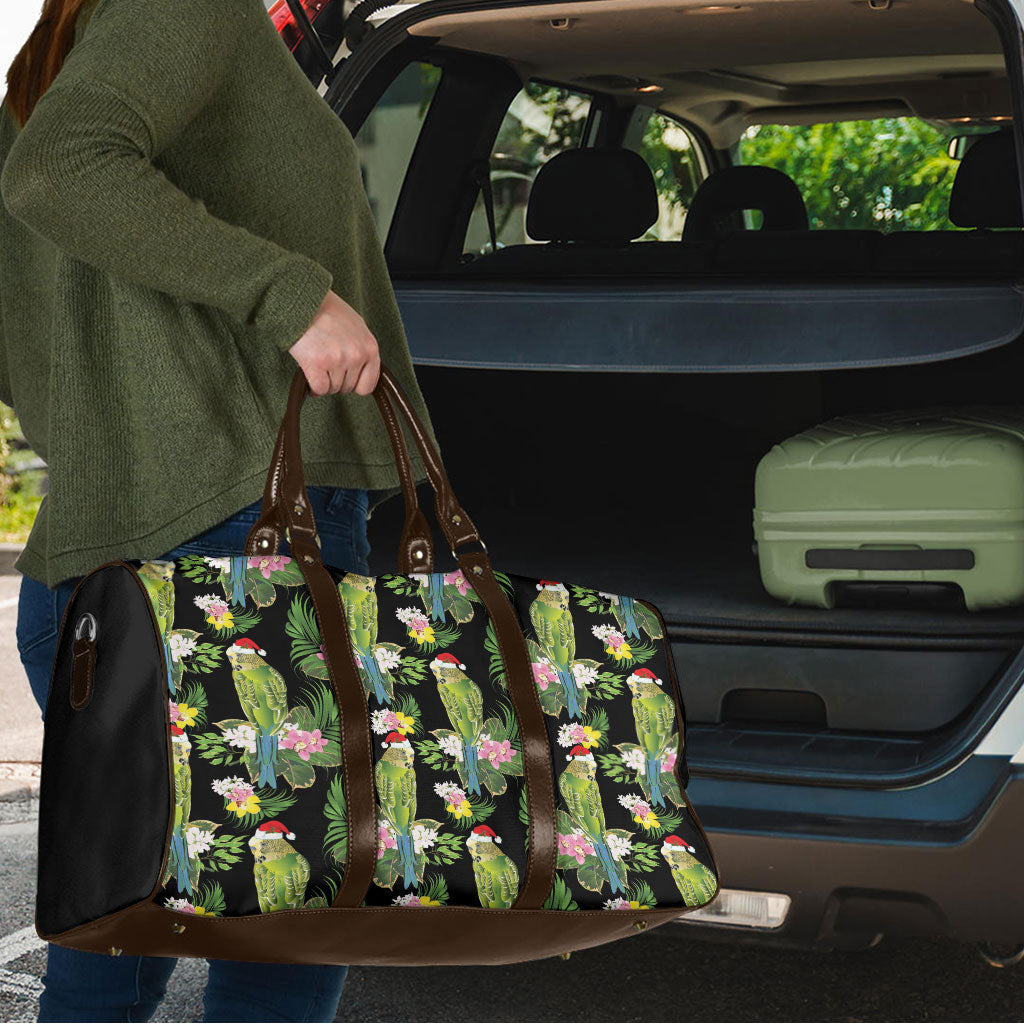Aussie Santa Budgie Christmas Travel Bag Black Parakeet Tropical Floral