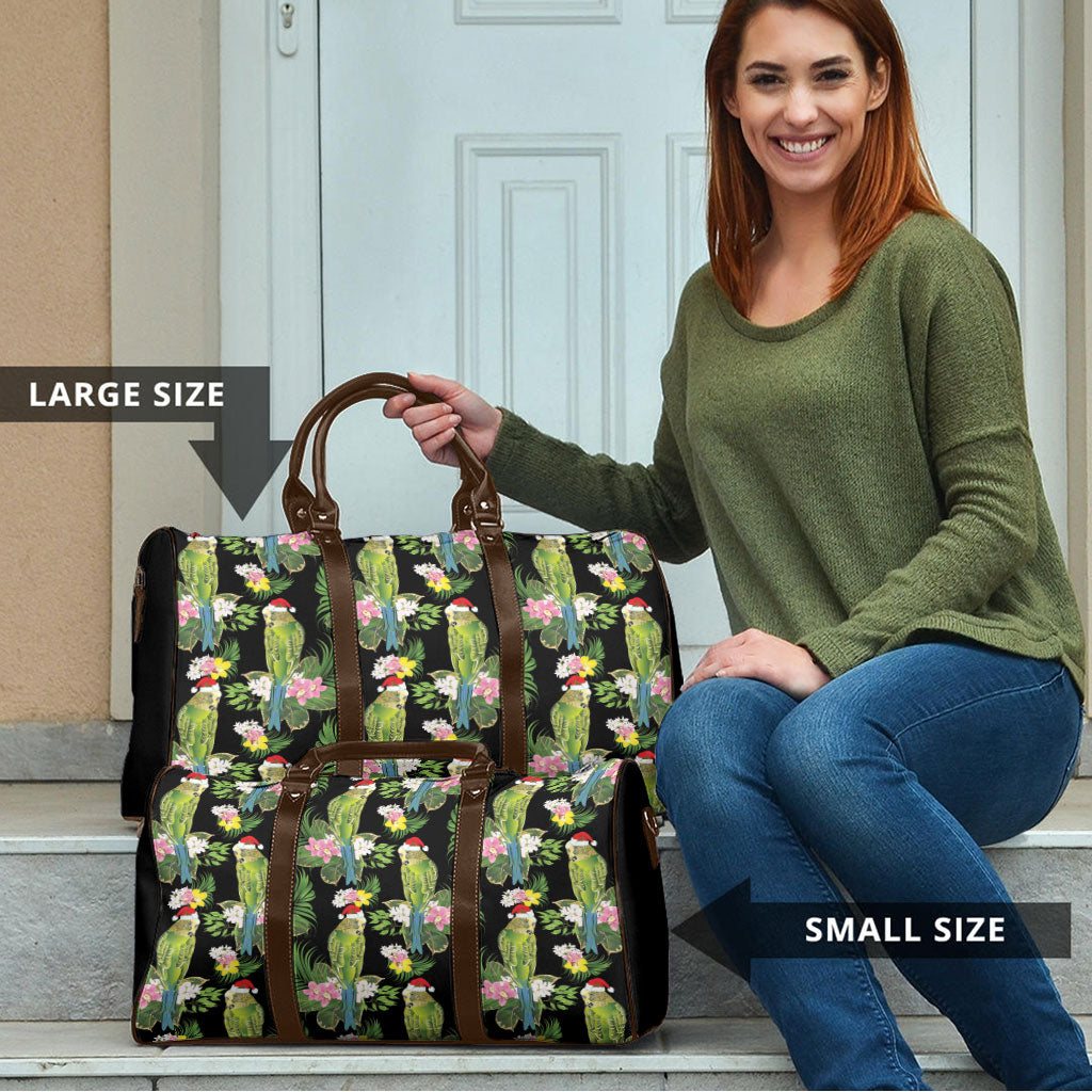 Aussie Santa Budgie Christmas Travel Bag Black Parakeet Tropical Floral
