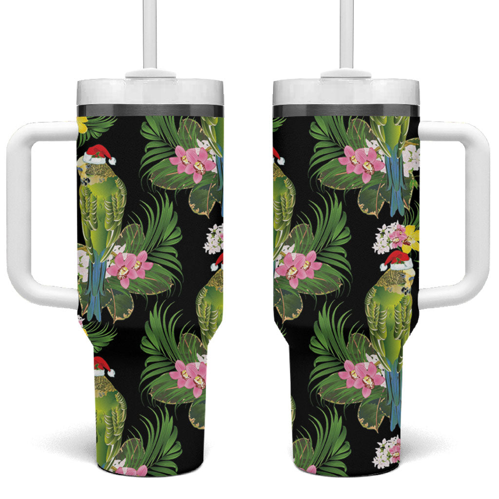 Aussie Santa Budgie Christmas Tumbler With Handle Black Parakeet Tropical Floral
