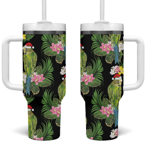 Aussie Santa Budgie Christmas Tumbler With Handle Black Parakeet Tropical Floral