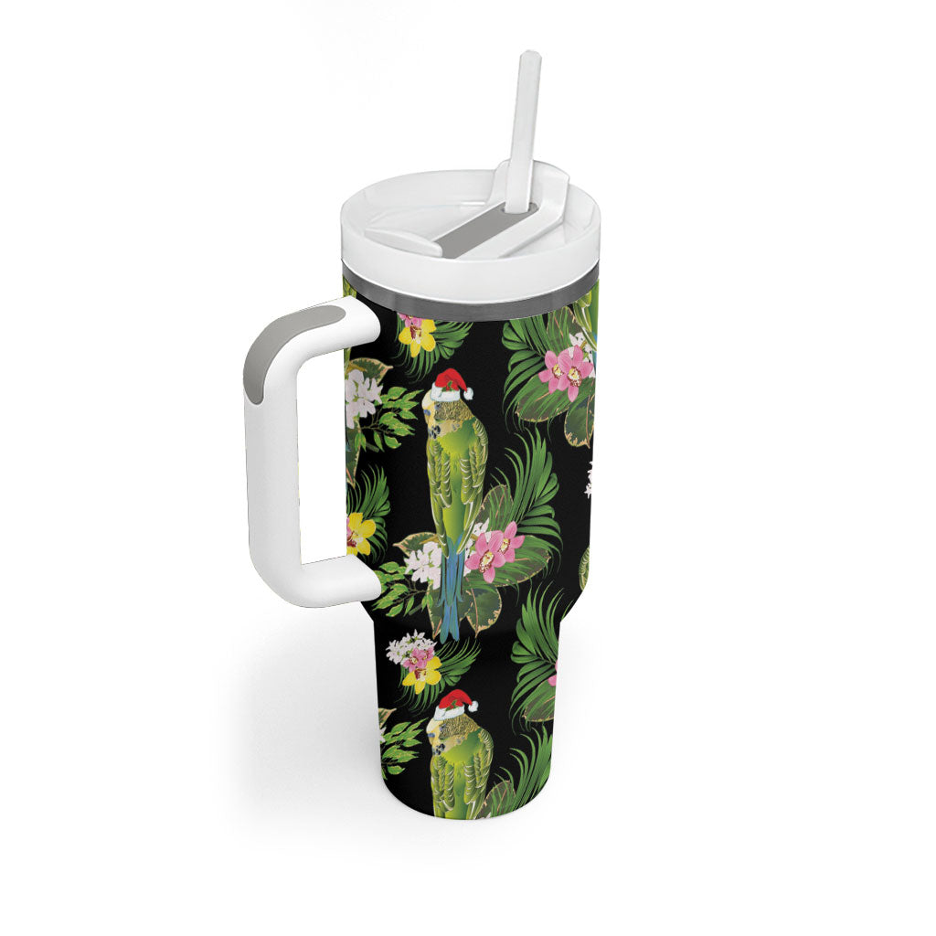 Aussie Santa Budgie Christmas Tumbler With Handle Black Parakeet Tropical Floral
