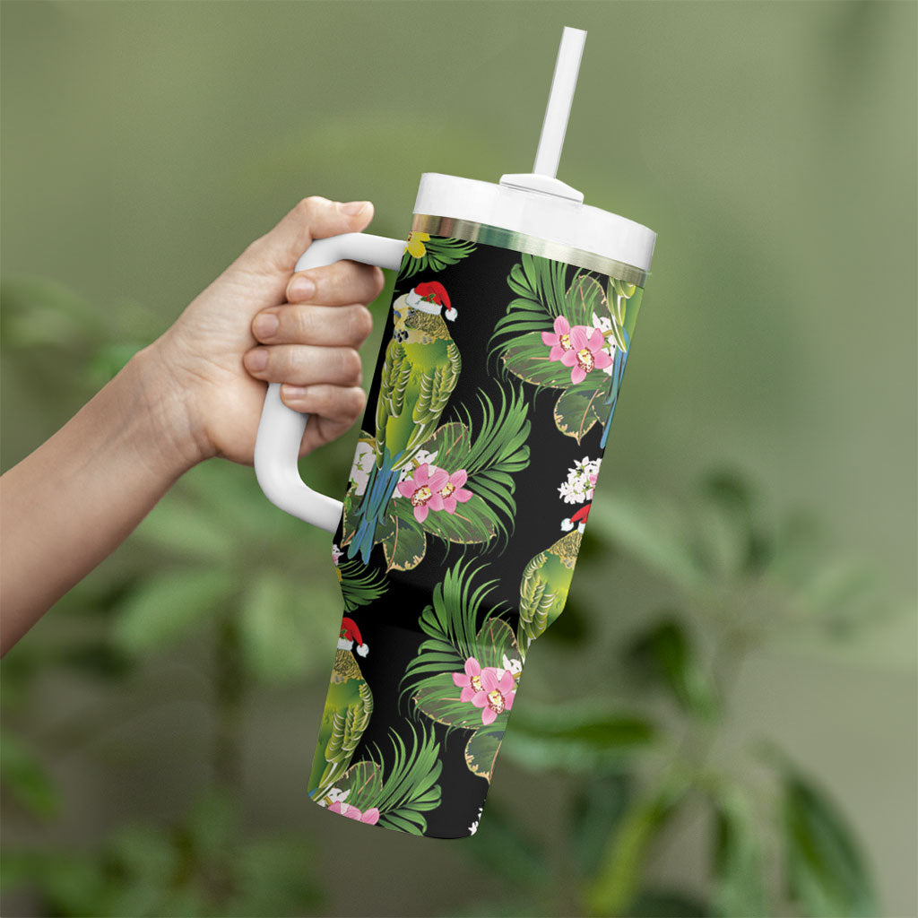 Aussie Santa Budgie Christmas Tumbler With Handle Black Parakeet Tropical Floral