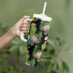Aussie Santa Budgie Christmas Tumbler With Handle Black Parakeet Tropical Floral