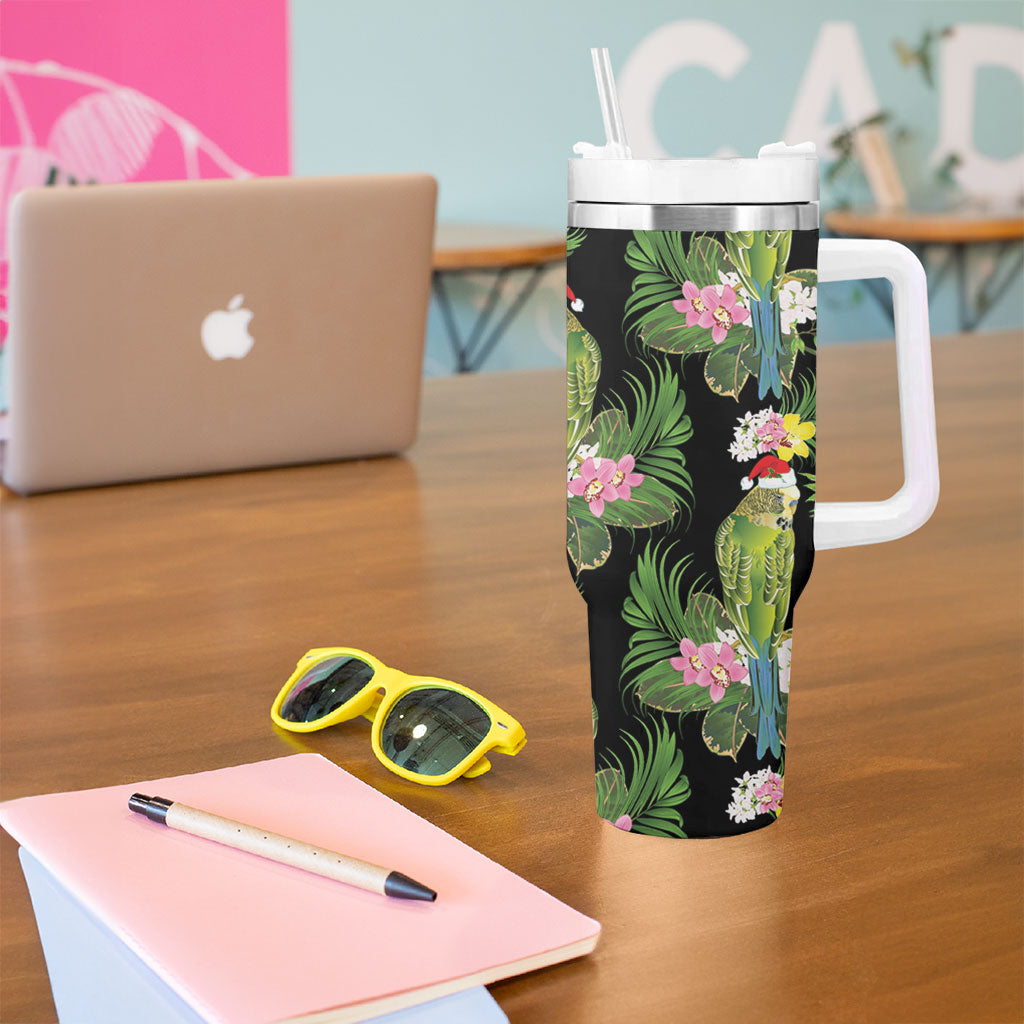 Aussie Santa Budgie Christmas Tumbler With Handle Black Parakeet Tropical Floral