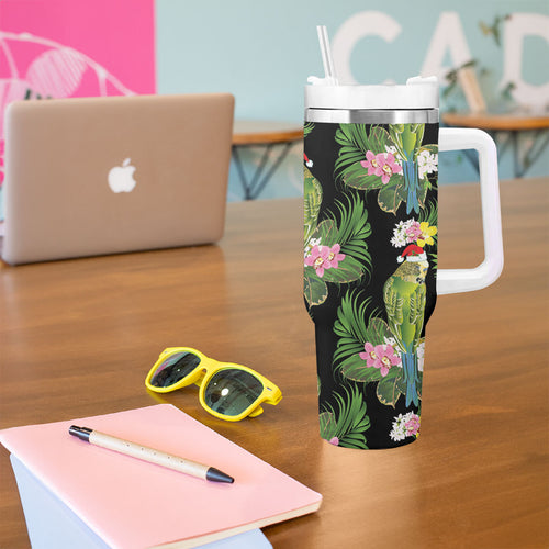 Aussie Santa Budgie Christmas Tumbler With Handle Black Parakeet Tropical Floral
