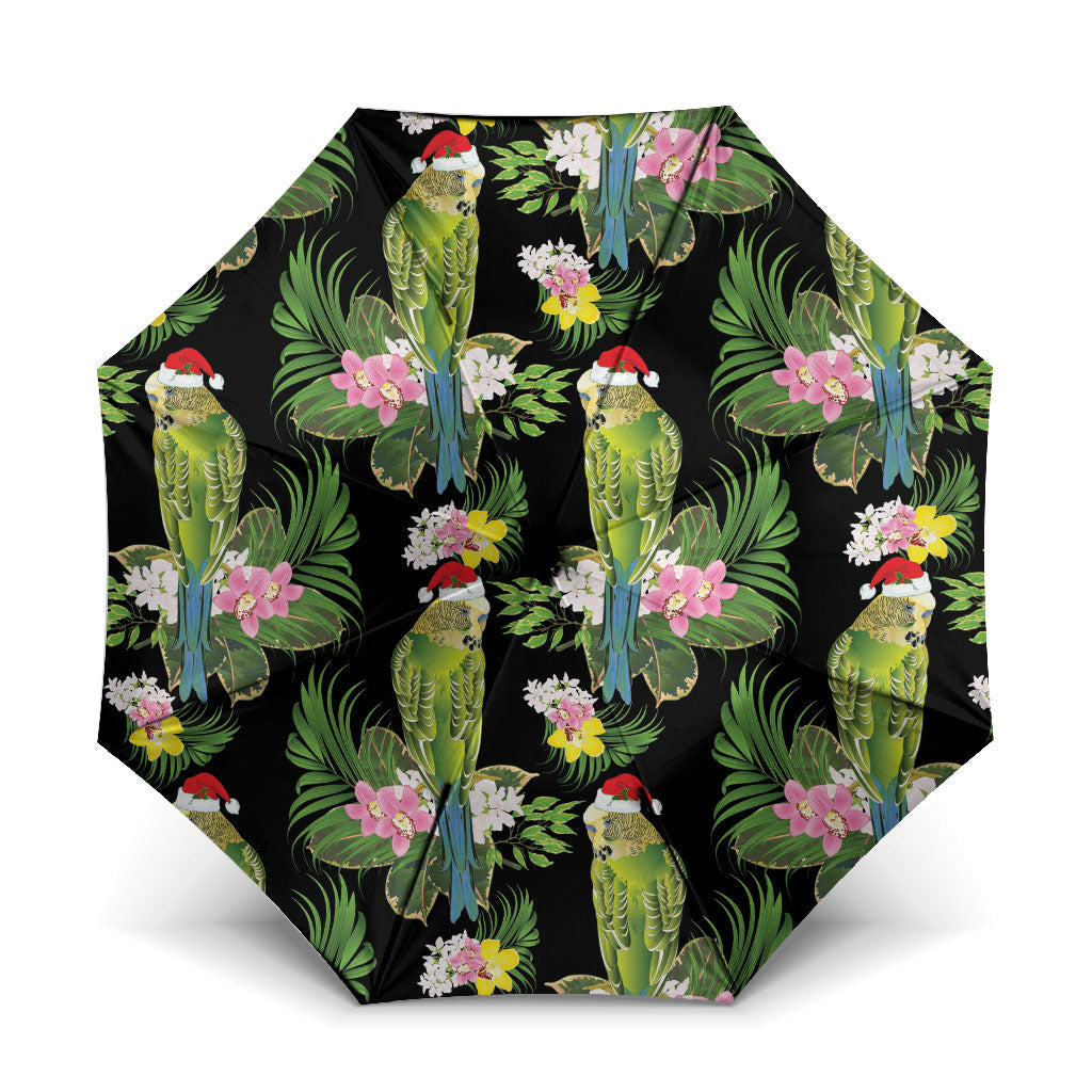 Aussie Santa Budgie Christmas Umbrella Black Parakeet Tropical Floral