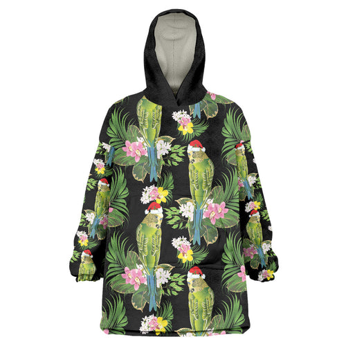 Aussie Santa Budgie Christmas Wearable Blanket Hoodie Black Parakeet Tropical Floral