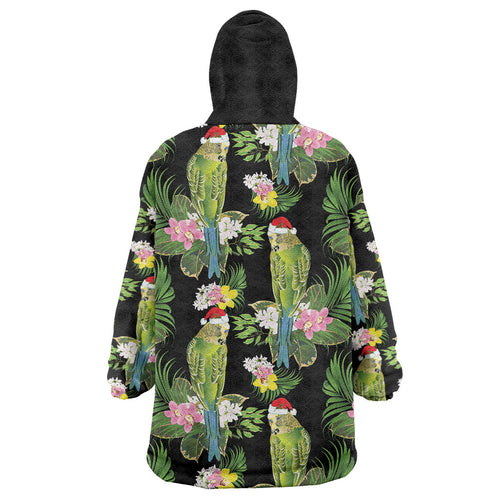 Aussie Santa Budgie Christmas Wearable Blanket Hoodie Black Parakeet Tropical Floral