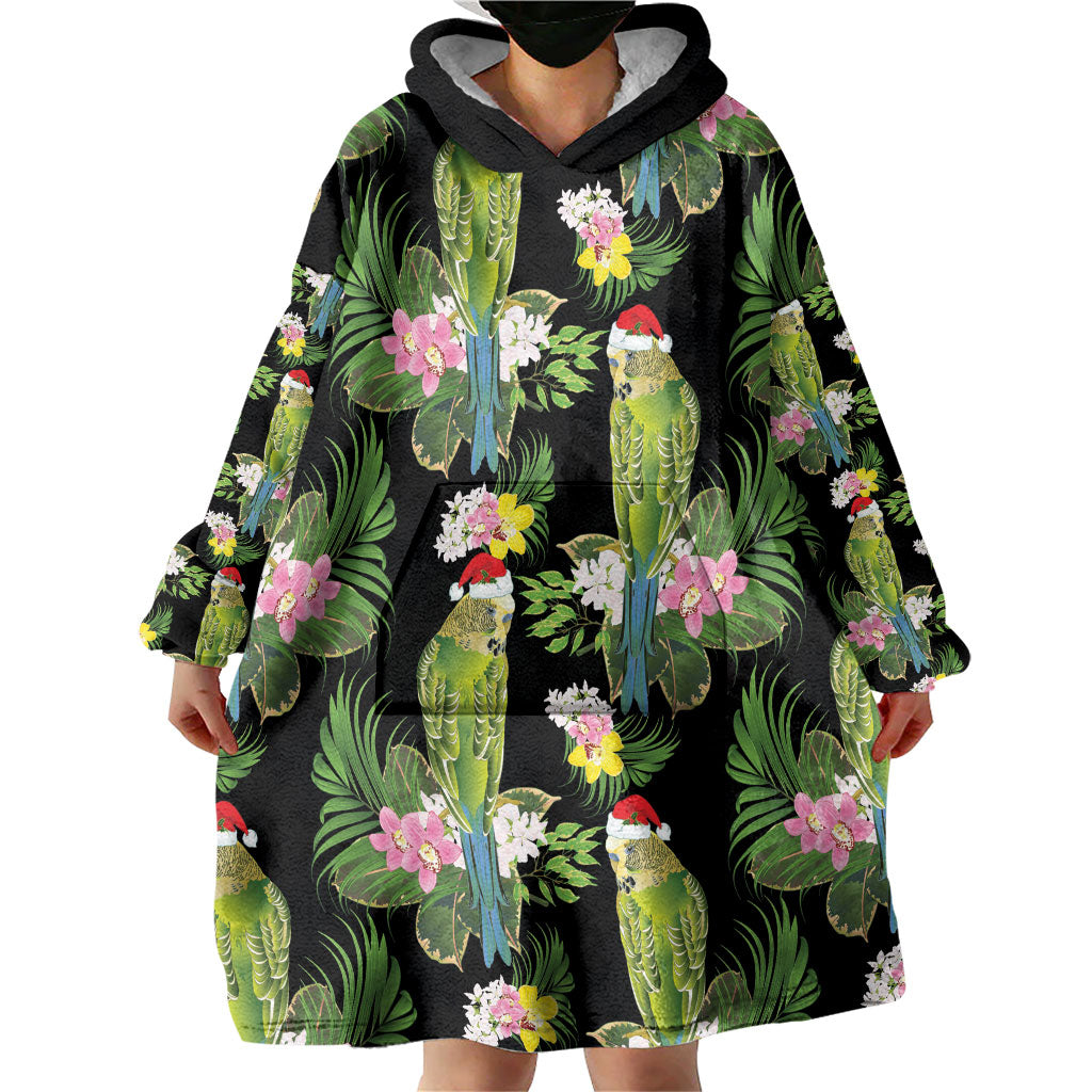 Aussie Santa Budgie Christmas Wearable Blanket Hoodie Black Parakeet Tropical Floral