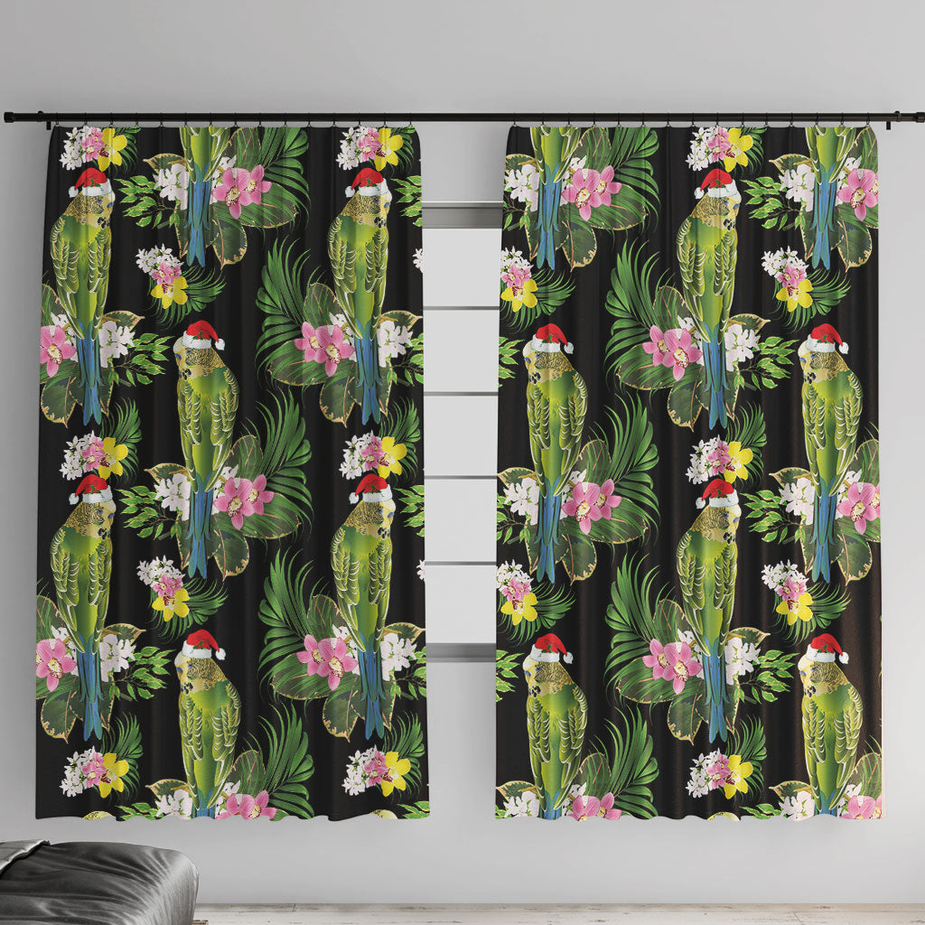 Aussie Santa Budgie Christmas Window Curtain Black Parakeet Tropical Floral