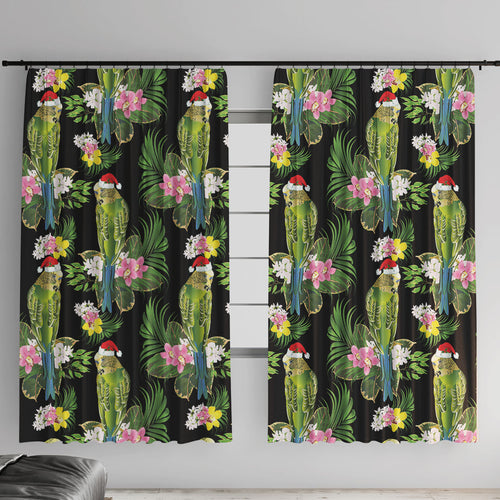 Aussie Santa Budgie Christmas Window Curtain Black Parakeet Tropical Floral