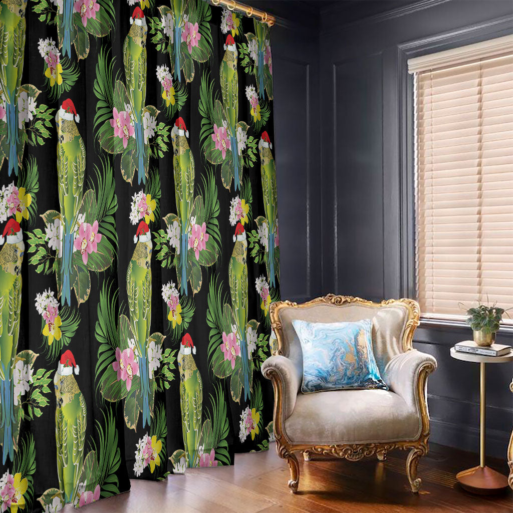 Aussie Santa Budgie Christmas Window Curtain Black Parakeet Tropical Floral