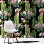 Aussie Santa Budgie Christmas Window Curtain Black Parakeet Tropical Floral
