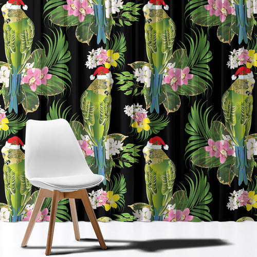 Aussie Santa Budgie Christmas Window Curtain Black Parakeet Tropical Floral