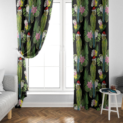 Aussie Santa Budgie Christmas Window Curtain Black Parakeet Tropical Floral