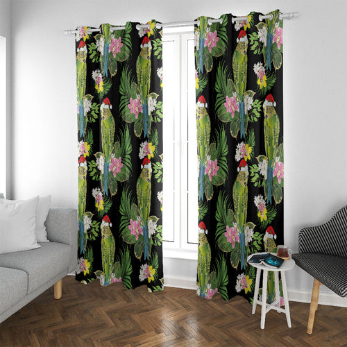Aussie Santa Budgie Christmas Window Curtain Black Parakeet Tropical Floral