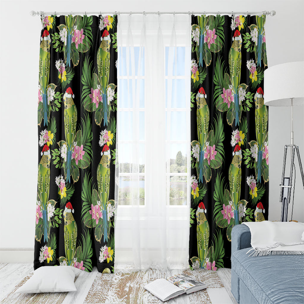 Aussie Santa Budgie Christmas Window Curtain Black Parakeet Tropical Floral